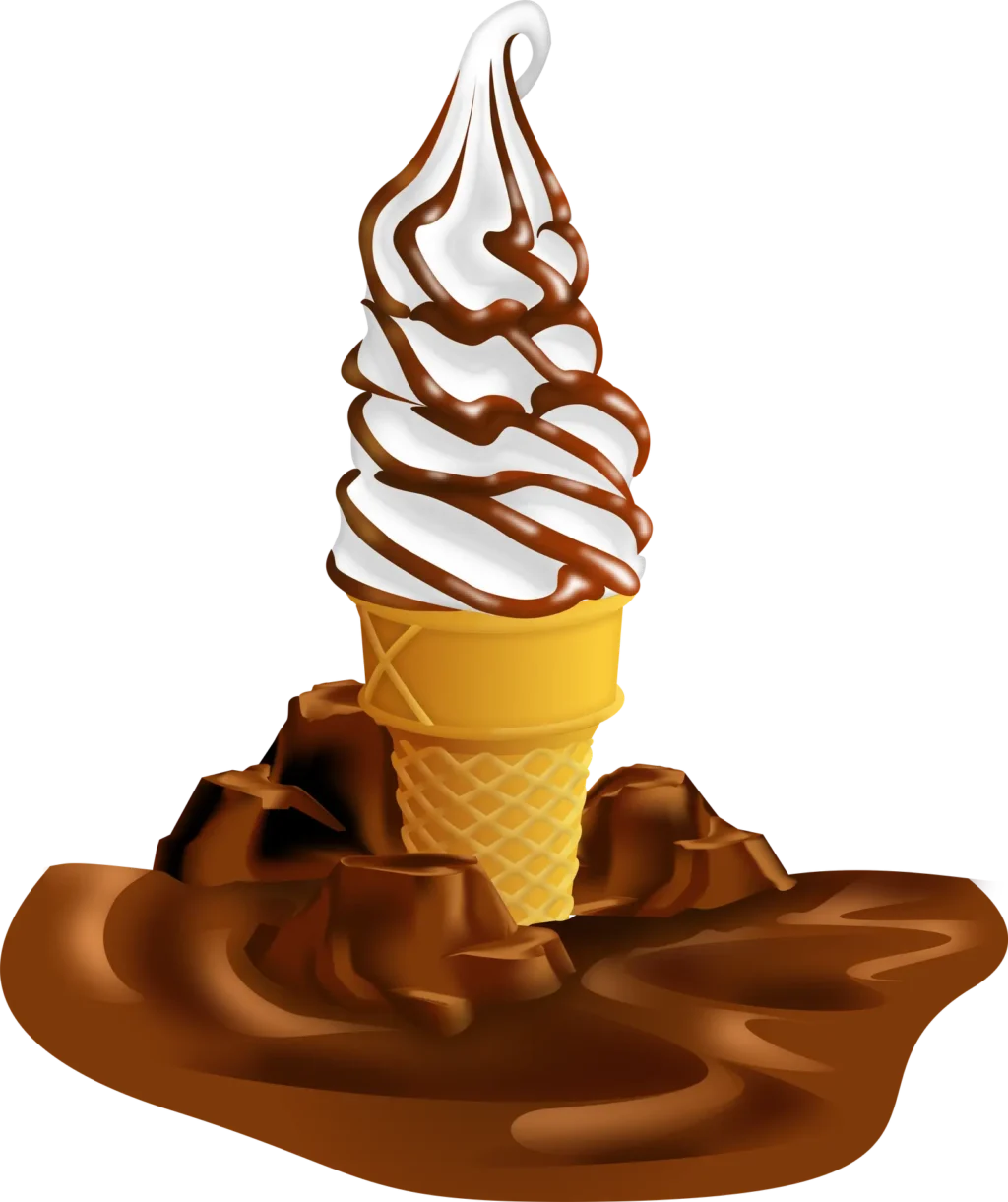 An illustration of a soft serve ice cream cone with brown stripes on the ice cream and chocolate next to it
