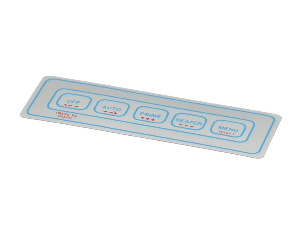 a rectangular white and blue rectangular object with red writing