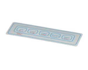 a rectangular white and blue rectangular object with red writing