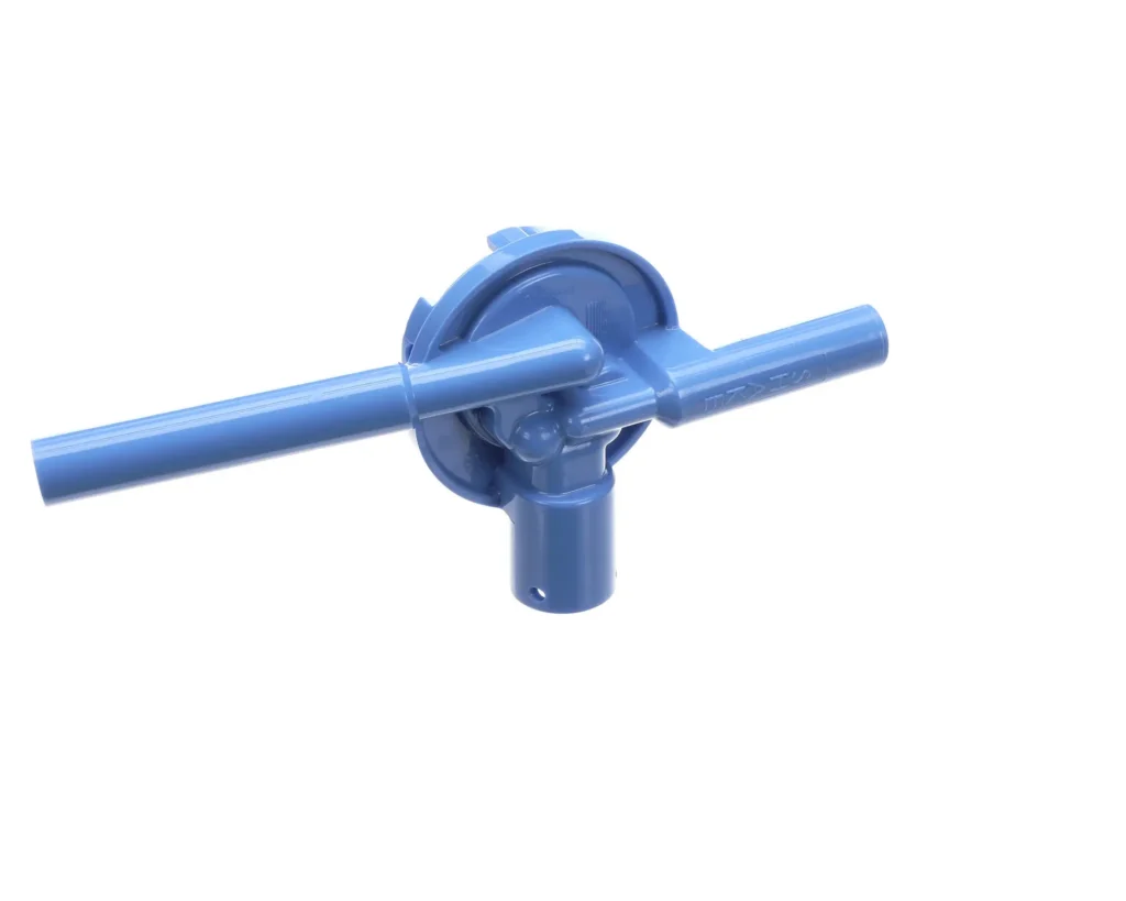 a blue plastic pipe with a round circle