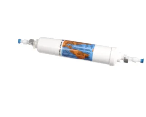a white plastic bottle with blue and orange label
