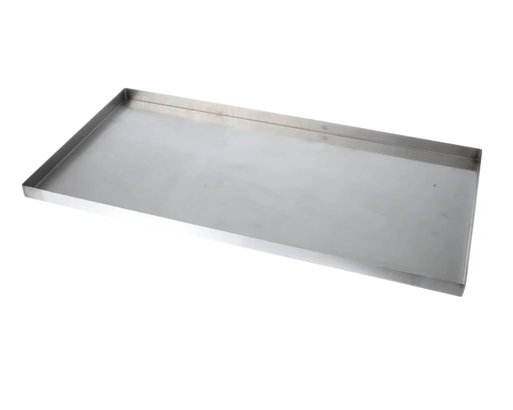 a rectangular metal tray with a white background