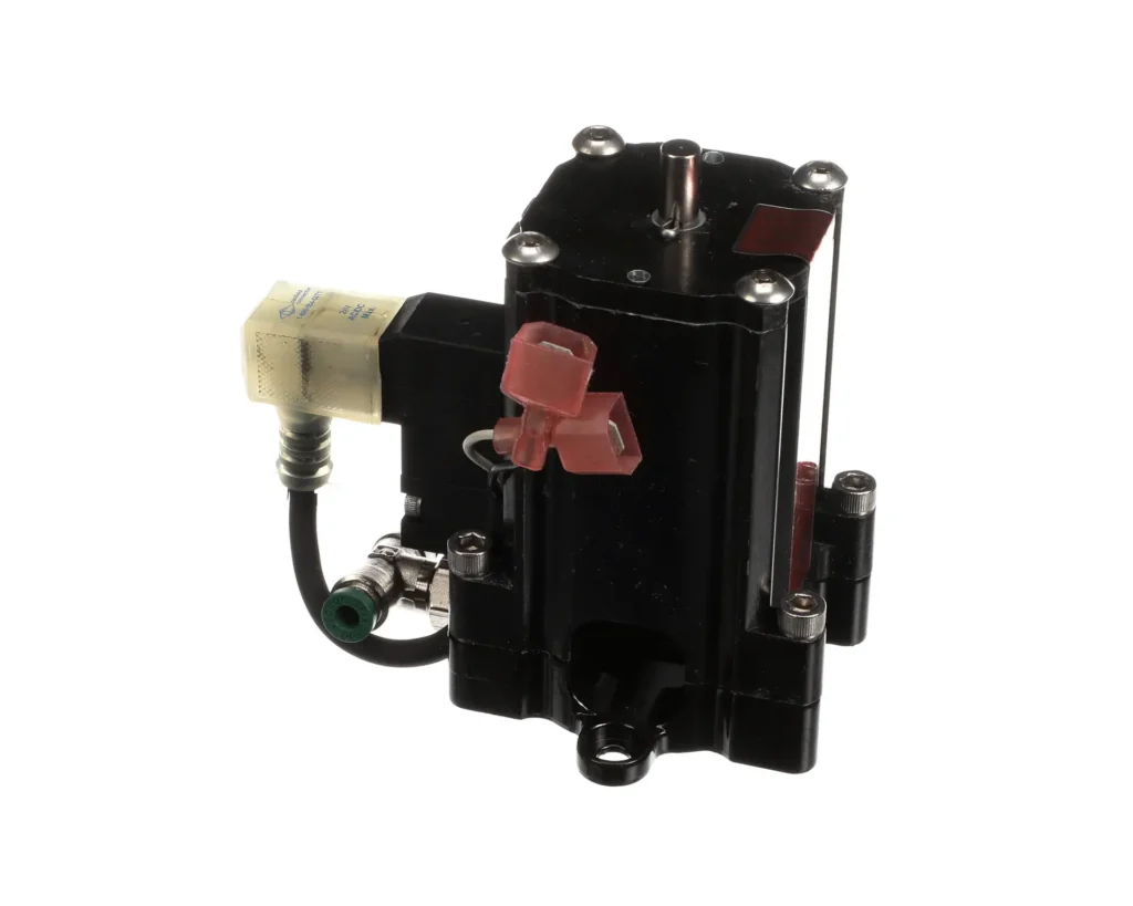 a black machine with red and white valves