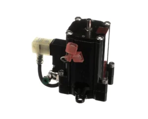 a black machine with red and white valves