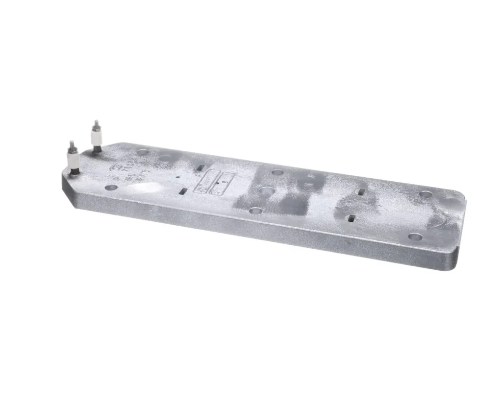 a metal plate with holes and screws