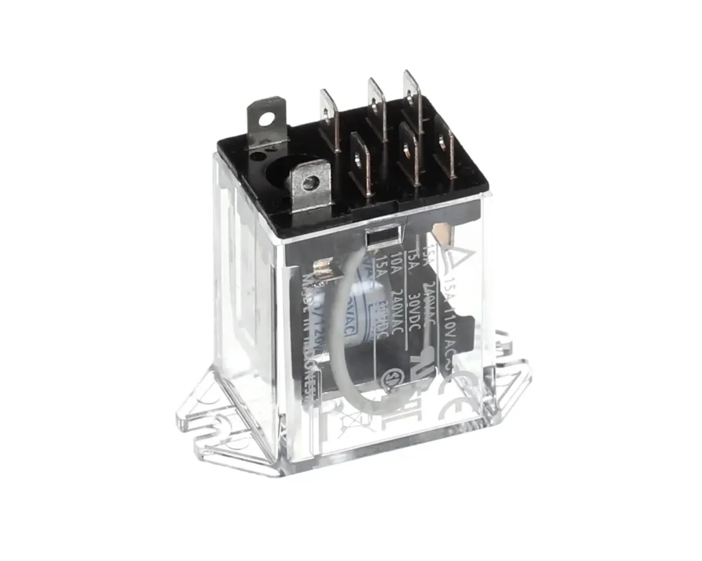 a clear plastic box with black and silver metal parts