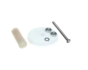a white plastic disc with a white plastic sleeve and silver screws