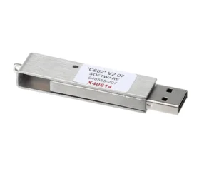 a silver usb stick with a white label