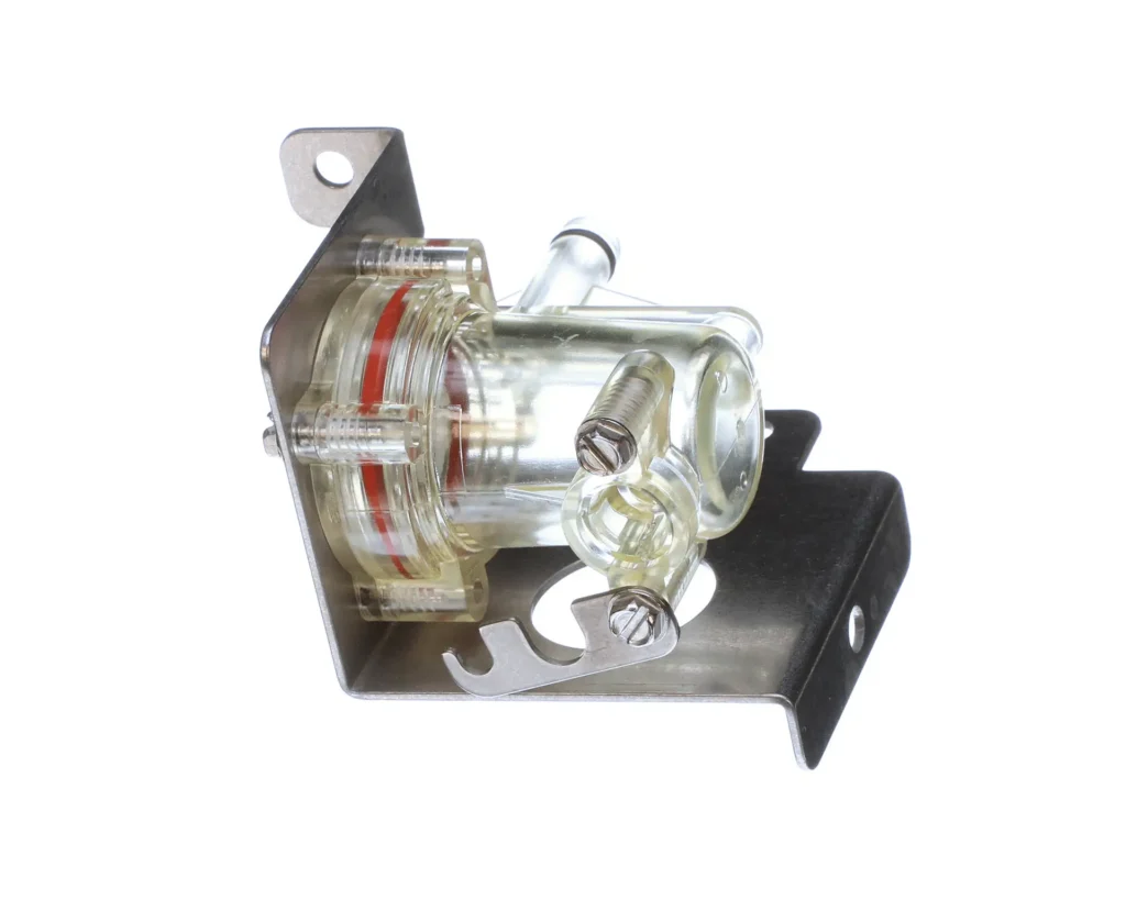 a clear plastic device with a metal corner