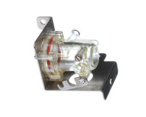 a clear plastic device with a metal corner