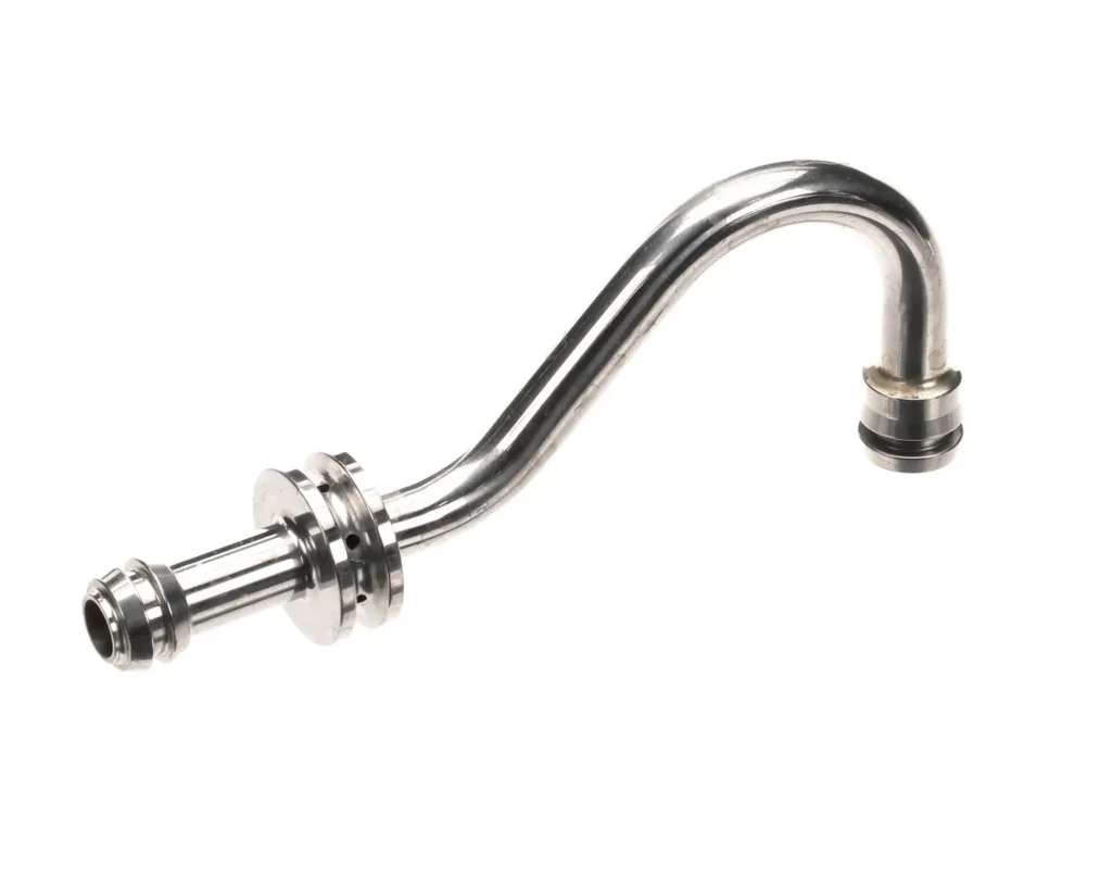 a silver metal pipe with nozzles
