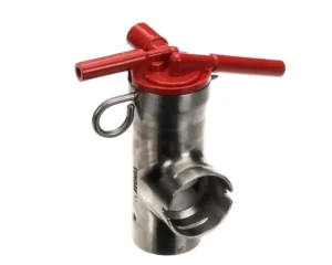 a metal pipe with a red handle