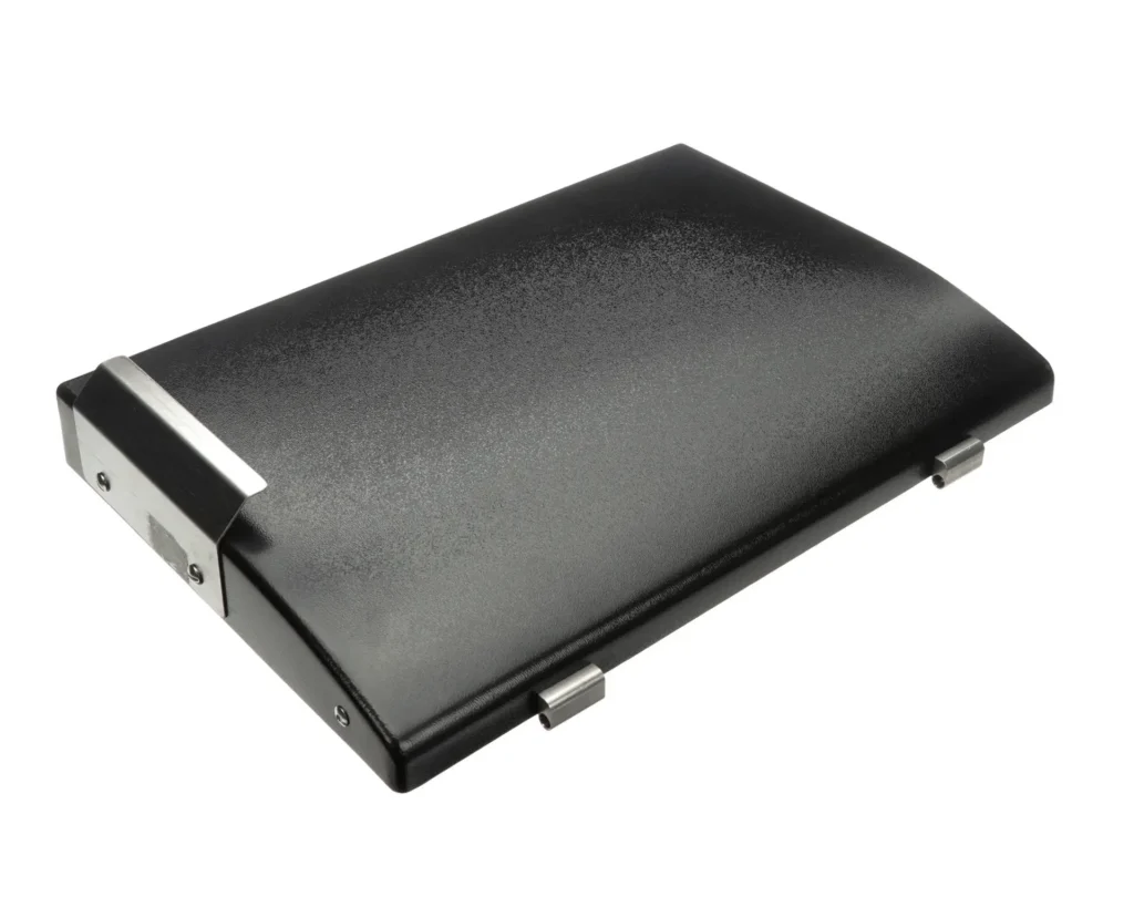 a black rectangular object with metal hinges