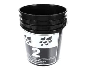 a black bucket with a white label