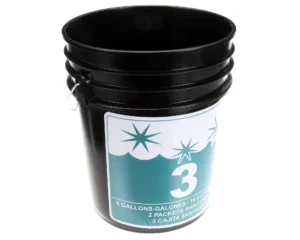 a black bucket with a white label
