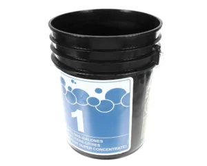 a black bucket with a blue label