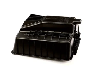 a black plastic container with a white background