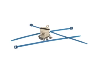a blue and white object with blue plastic rods