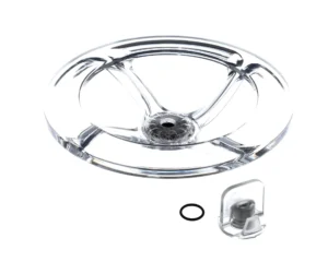 a clear plastic object with a black ring