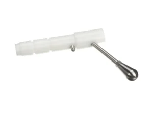 a white plastic tube with a metal handle