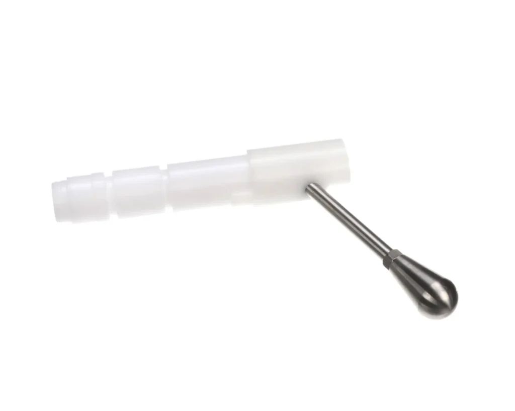 a white plastic tube with a silver handle