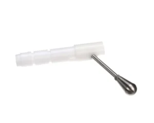 a white plastic tube with a silver handle