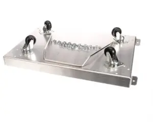 a metal box with black wheels