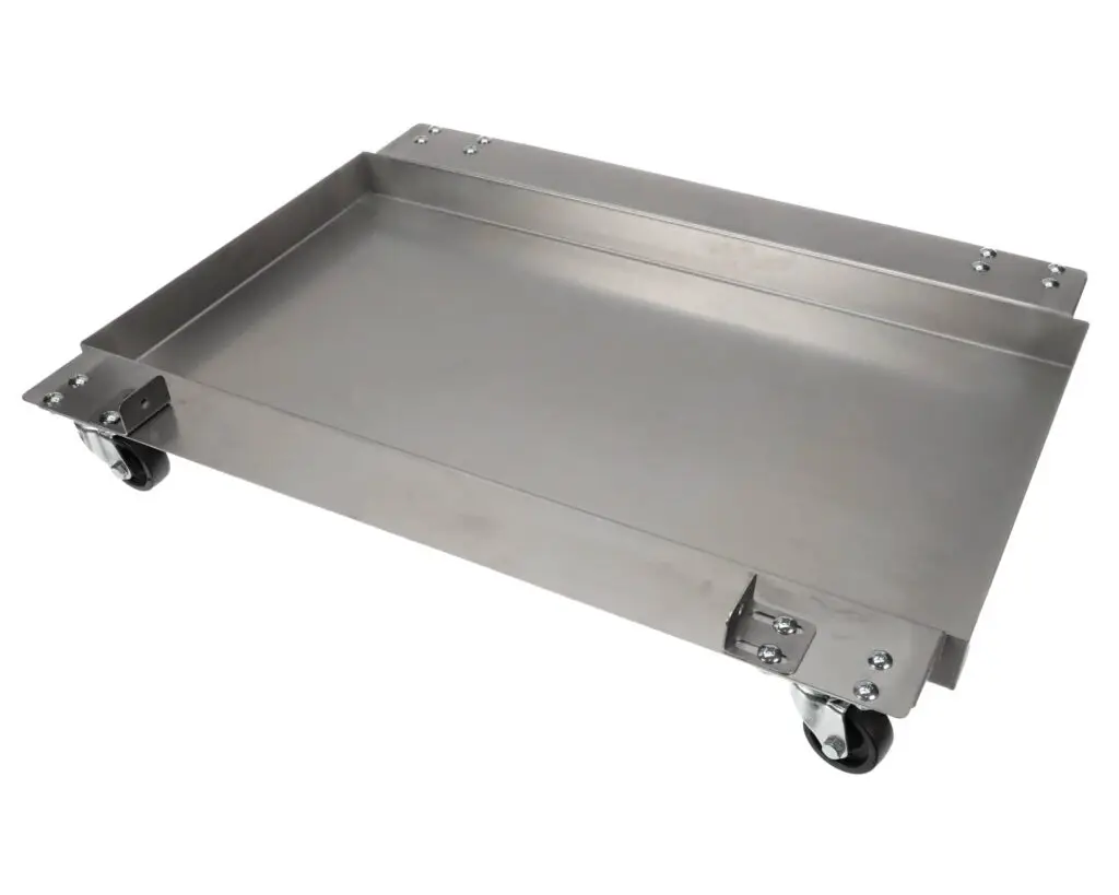 a metal tray with wheels