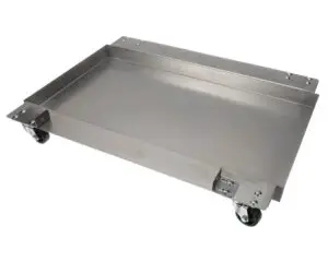 a metal tray with wheels