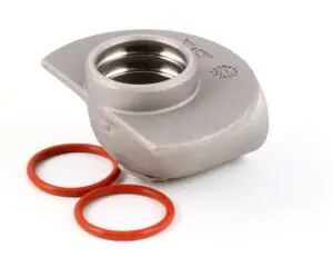 a silver object with red rings