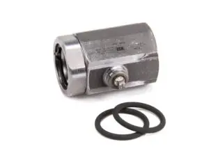 a silver cylinder with black gaskets