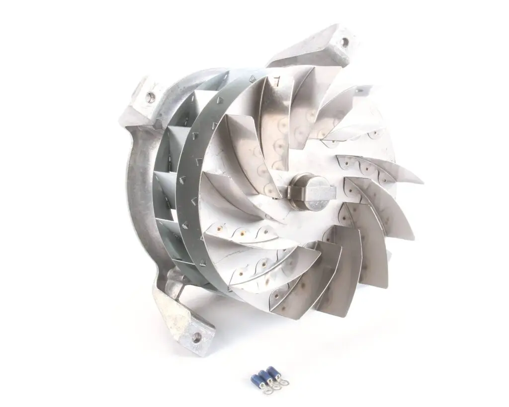 a metal fan with a couple of blue wires