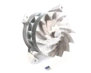 a metal fan with a couple of blue wires