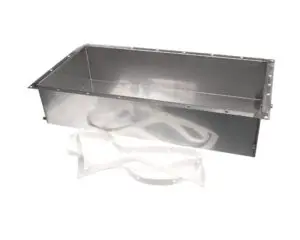 a metal container with a white strip
