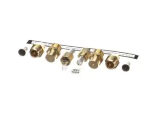 a row of brass and silver metal connectors