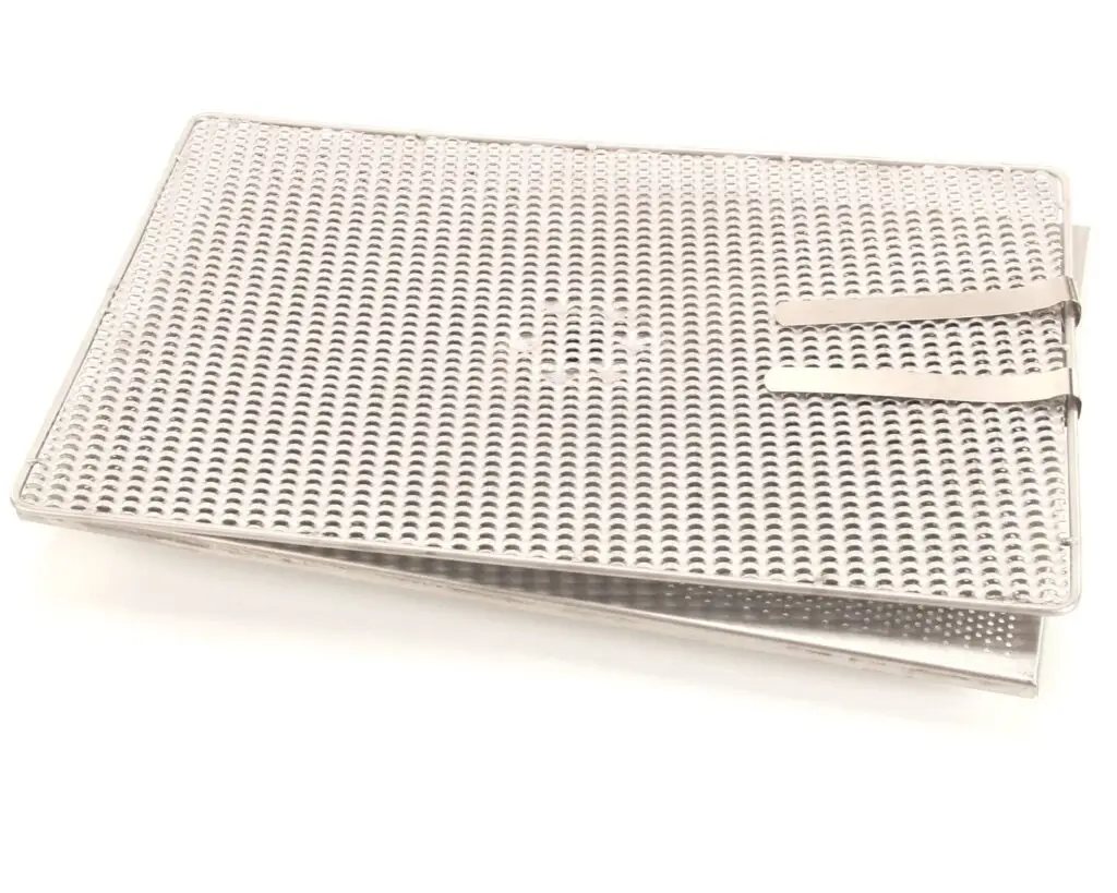 a metal tray with holes on it