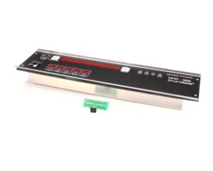 a black rectangular object with red and white text
