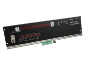 a black rectangular device with red buttons and white text