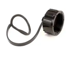 a black plastic cap with a strap