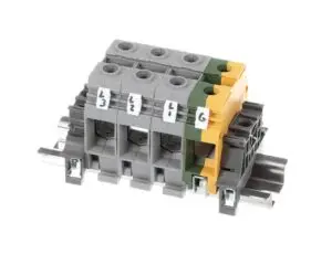 a grey and yellow block with white labels
