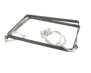 a rectangular frame with wires and rings
