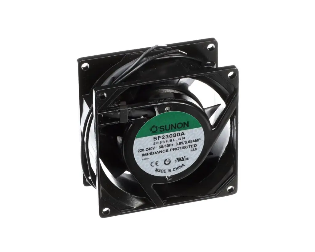 a black fan with a white label