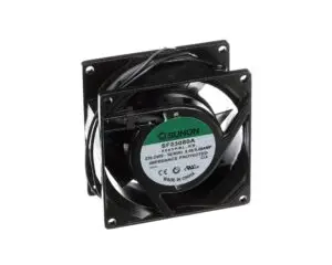 a black fan with a white label