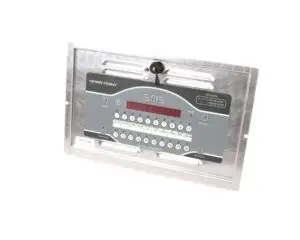 a silver rectangular object with a black button