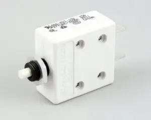 a white mechanical device with a black button
