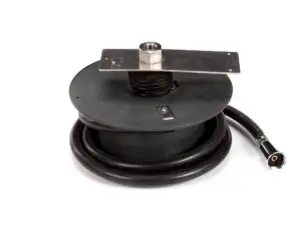 a black hose with a metal plate
