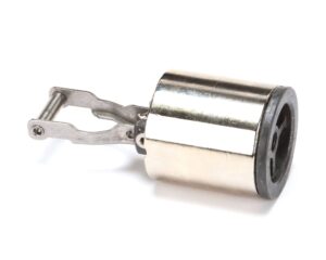 a metal cylinder with a black handle