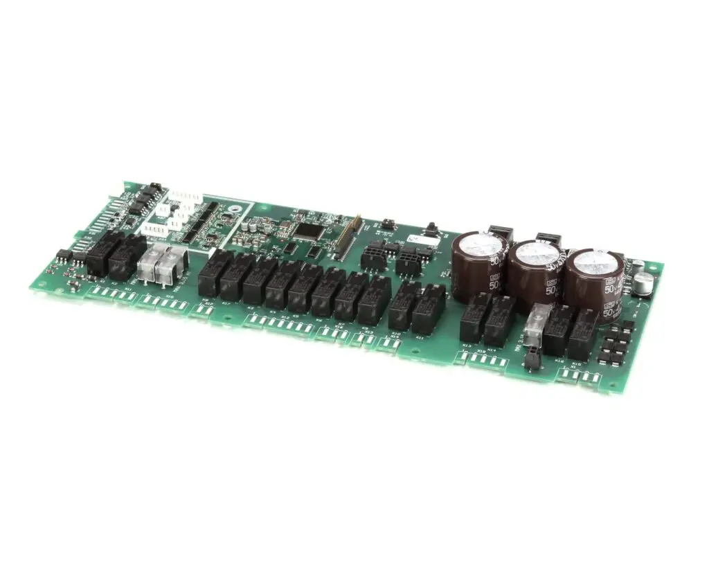 a green circuit board with many small black and white objects