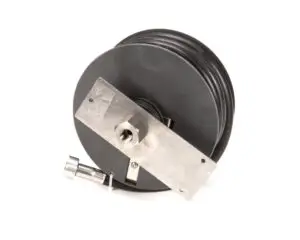 a black cable reel with a metal plate