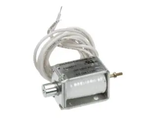 a small metal device with white wires